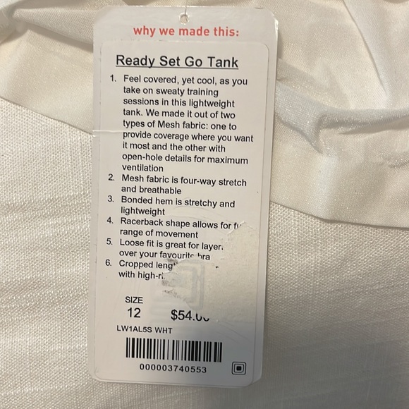 lululemon ready set go white tank size 12 - Picture 2 of 5